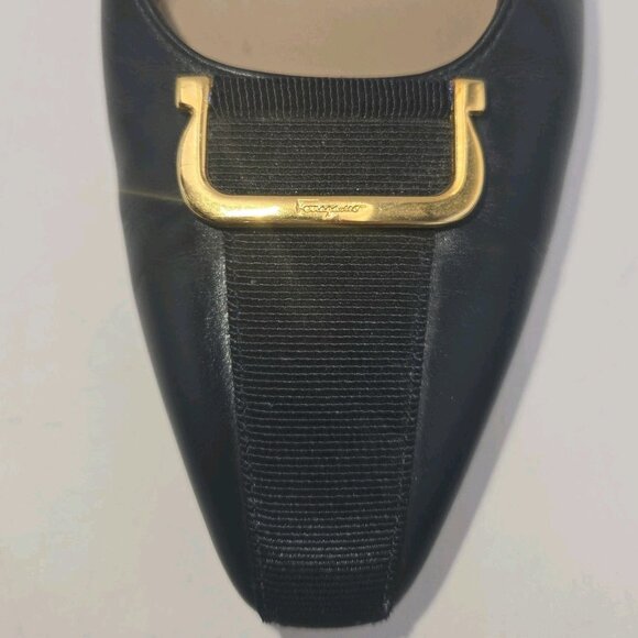 Salvatore Ferragamo Vara Pumps Navy Blue Leather 6 AA Gold Buckle Made Italy VTG - Picture 2 of 12